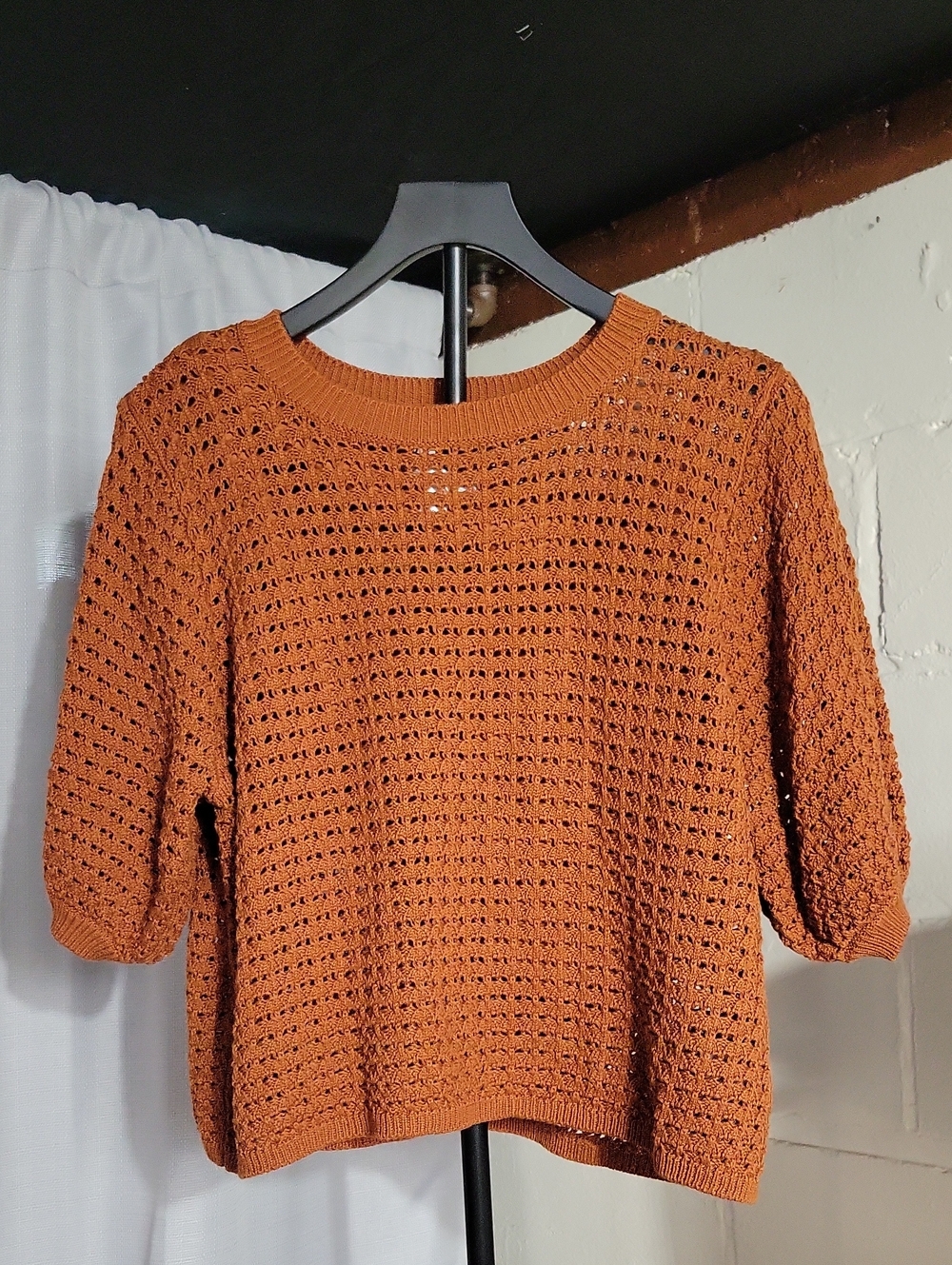 Nine West Open-Knit Crewneck Sweater in Rust